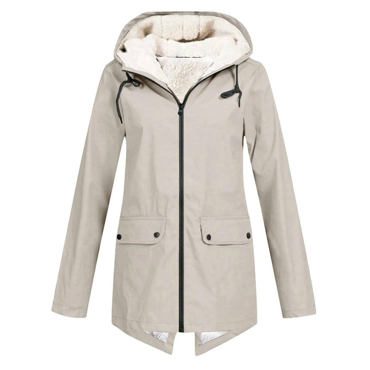 Women's water-repellent hooded parka with a sherpa lining and flap pockets - beige
