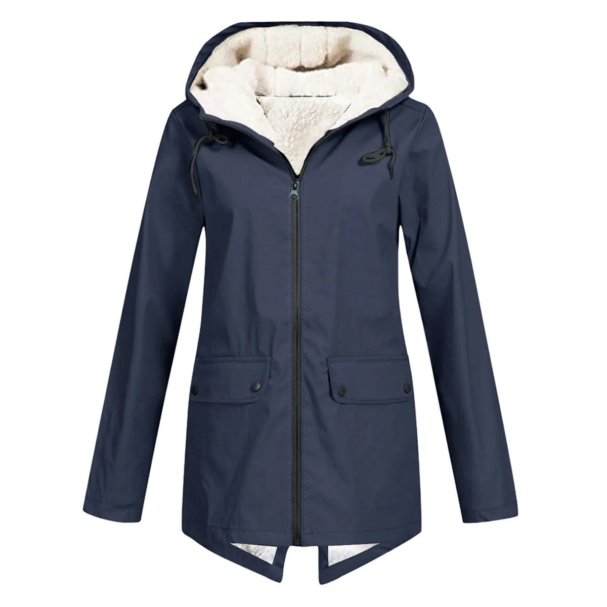 Women's water-repellent hooded parka with a sherpa lining and flap pockets - navy