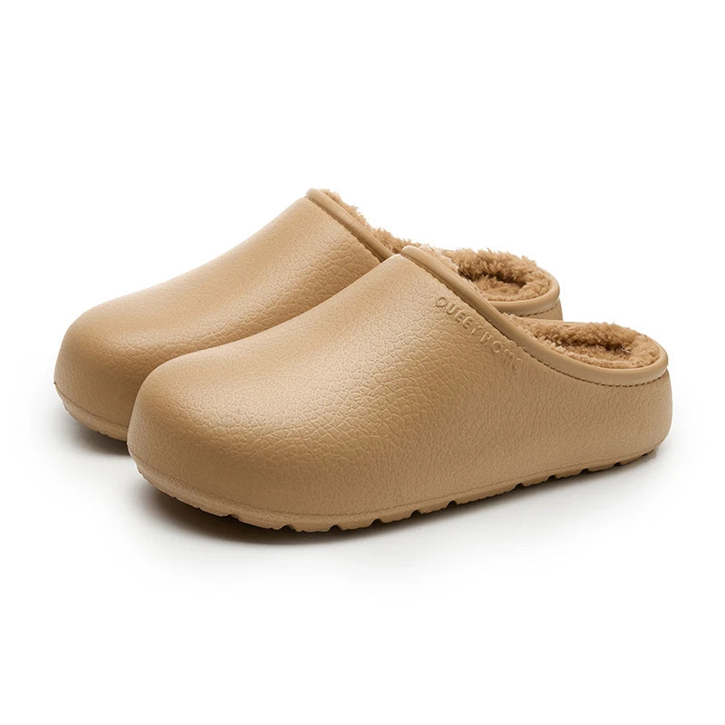 Slippers with a smooth grained upper, plush lining and open heel - camel