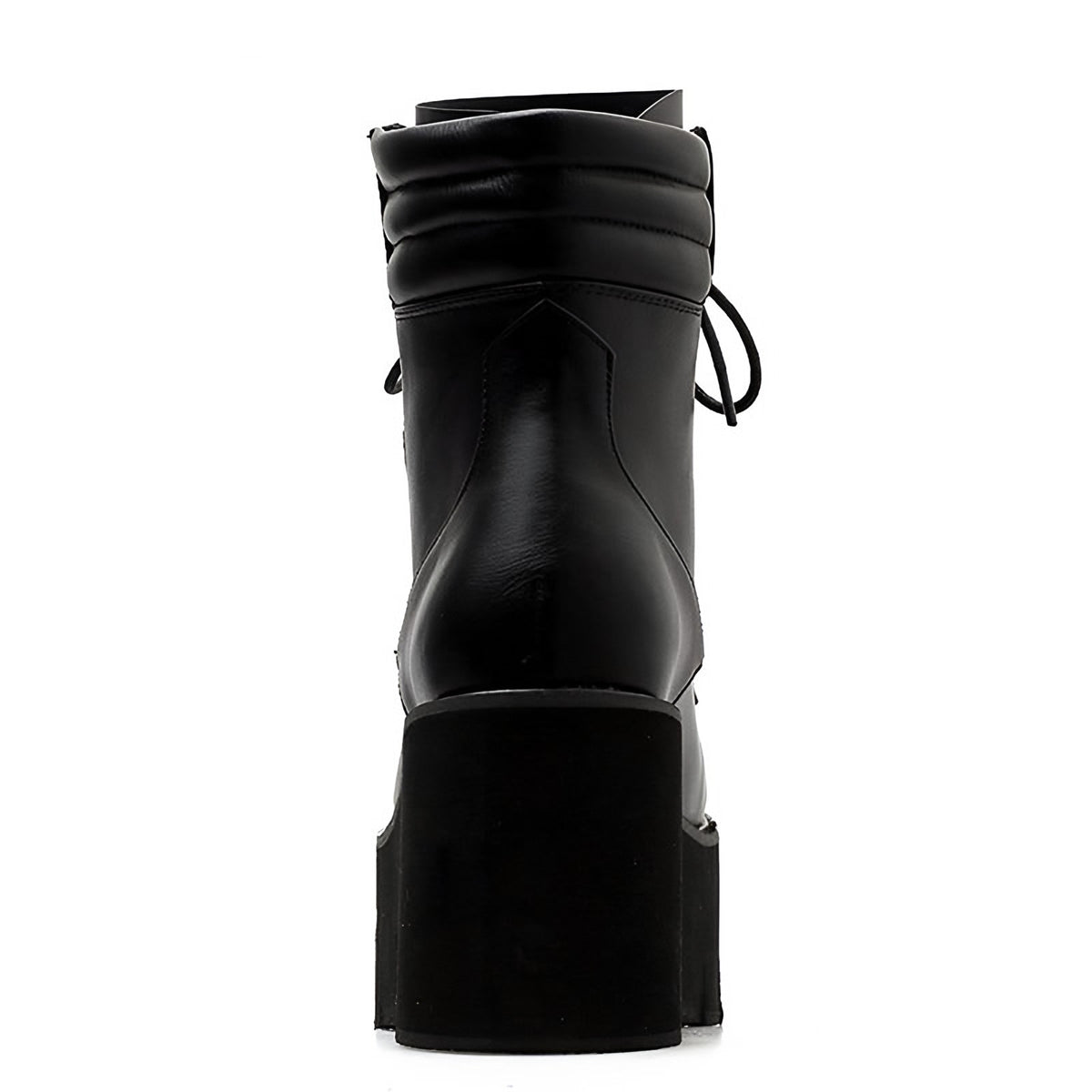 Back of the black platform ankle boot with padded collar
