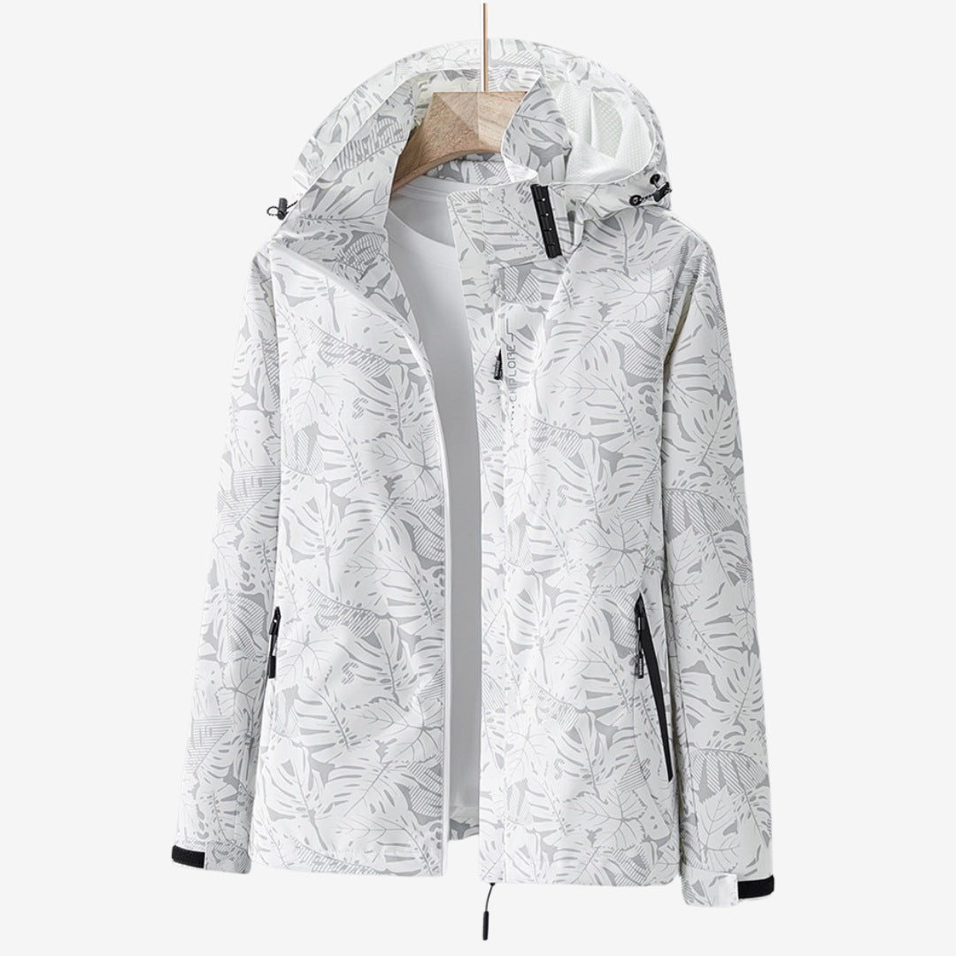 Women's waterproof wind jacket with a leaf print and hood - white