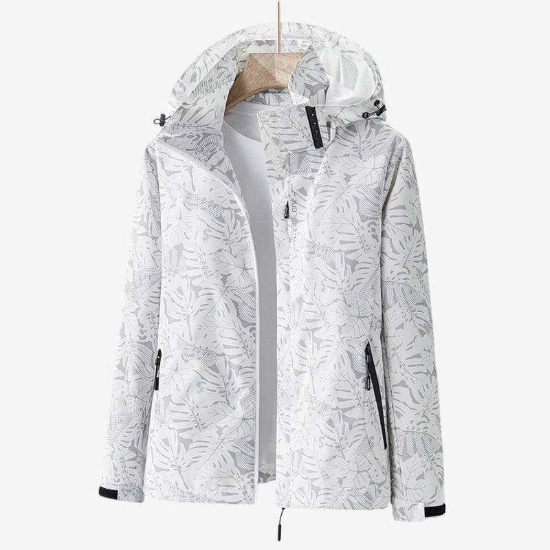 Women's waterproof wind jacket with a leaf print and hood - white