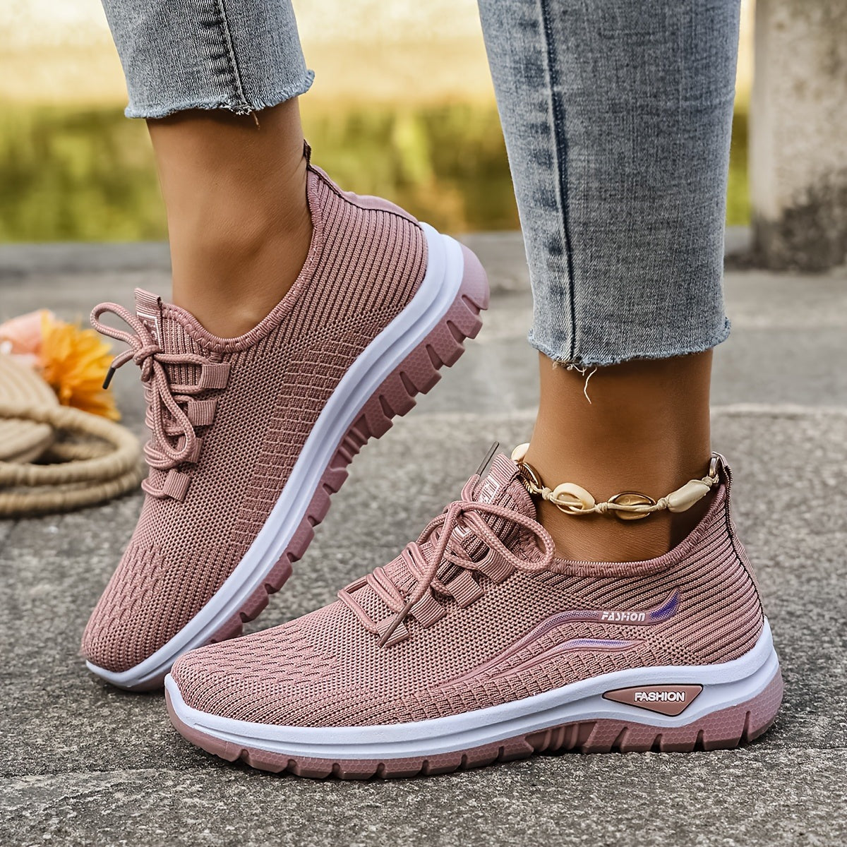 Women's wide fit knit trainers with a thick cushioned sole - dusty pink