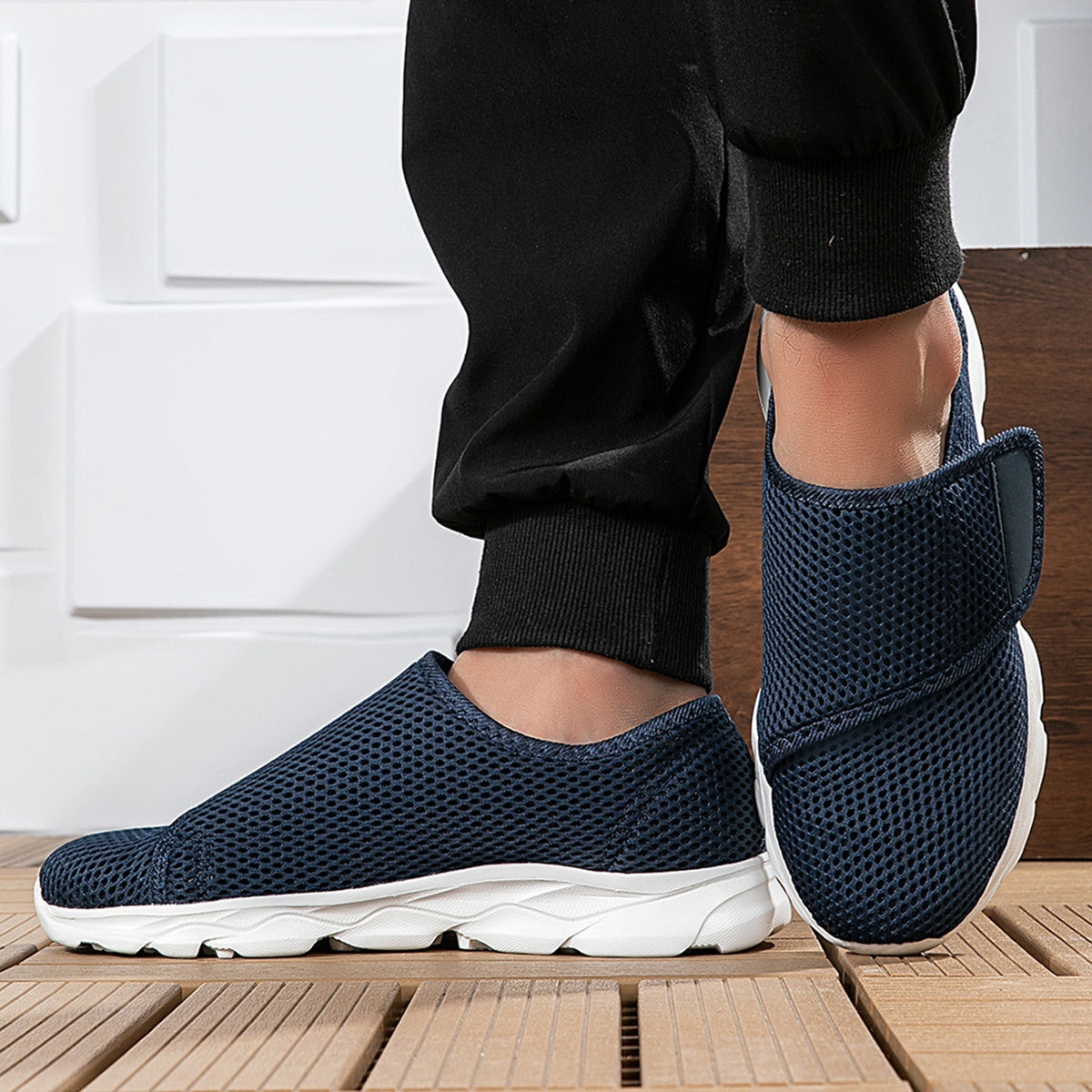 Wide fit mesh shoes for women with broad hook and loop strap over the instep and flat tread sole - view 12