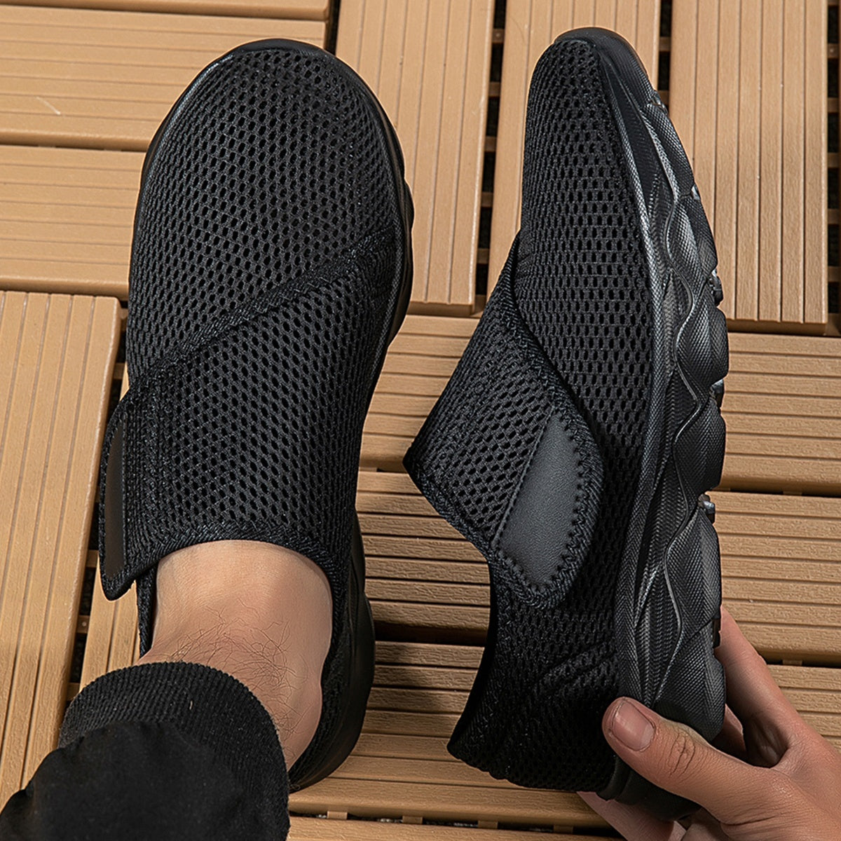 Wide fit mesh shoes for women with broad hook and loop strap over the instep and flat tread sole - view 5