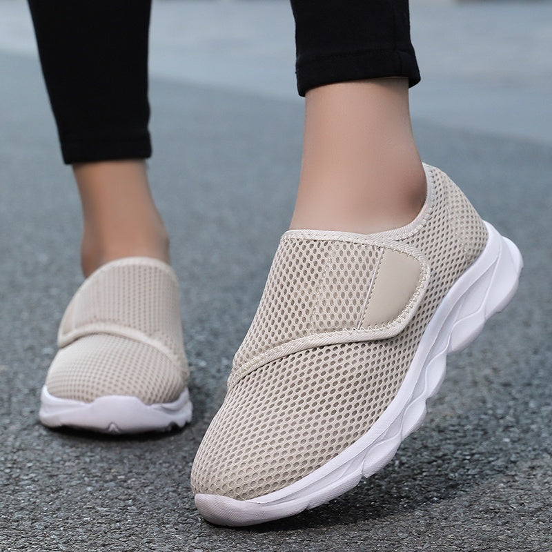 Wide fit mesh shoes for women with broad hook and loop strap over the instep and flat tread sole - view 7