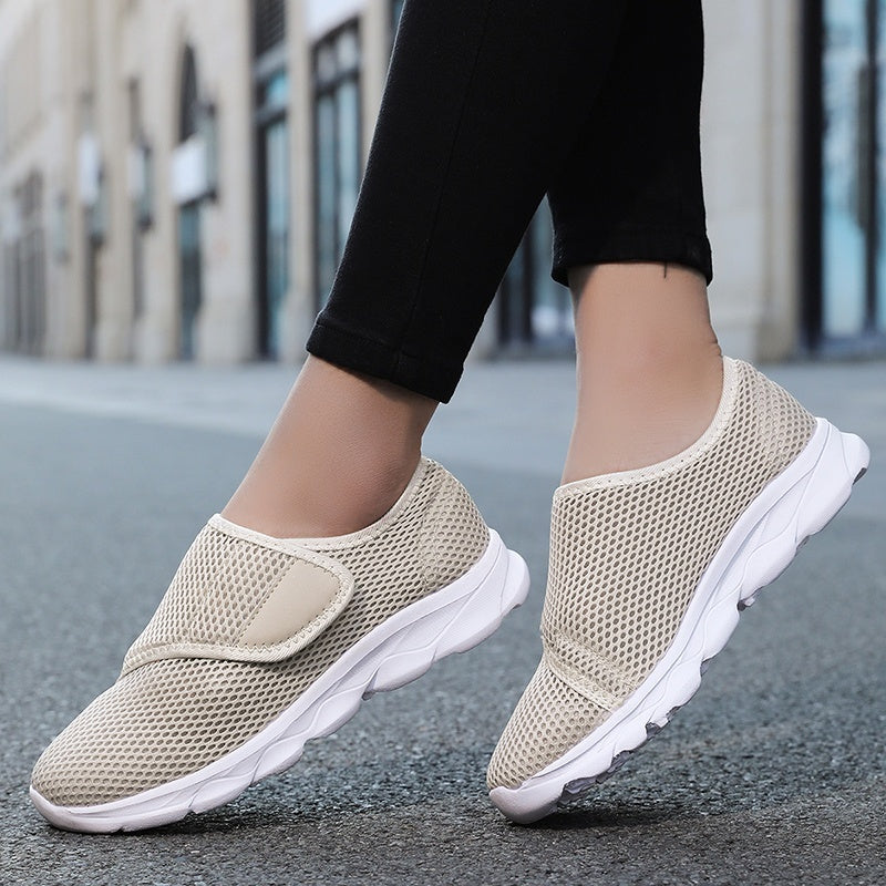 Wide fit mesh shoes for women with broad hook and loop strap over the instep and flat tread sole - view 9