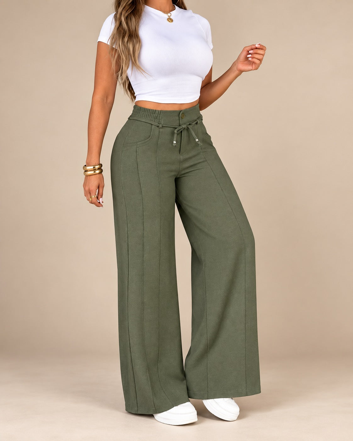 Women's wide-leg trousers with a high waist, drawstring and stitched front seams - olive