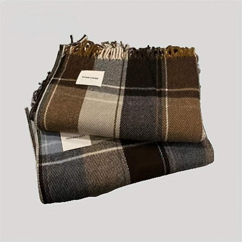 Women's woven scarf in a large check with a fringe and a white label - grey blue