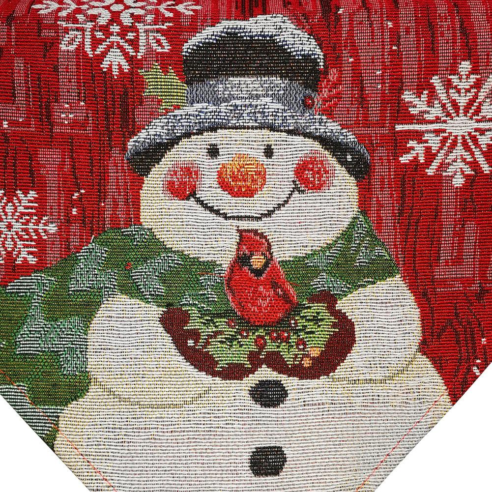 Woven Christmas table runner with a snowman at the point, snowflakes and a tassel