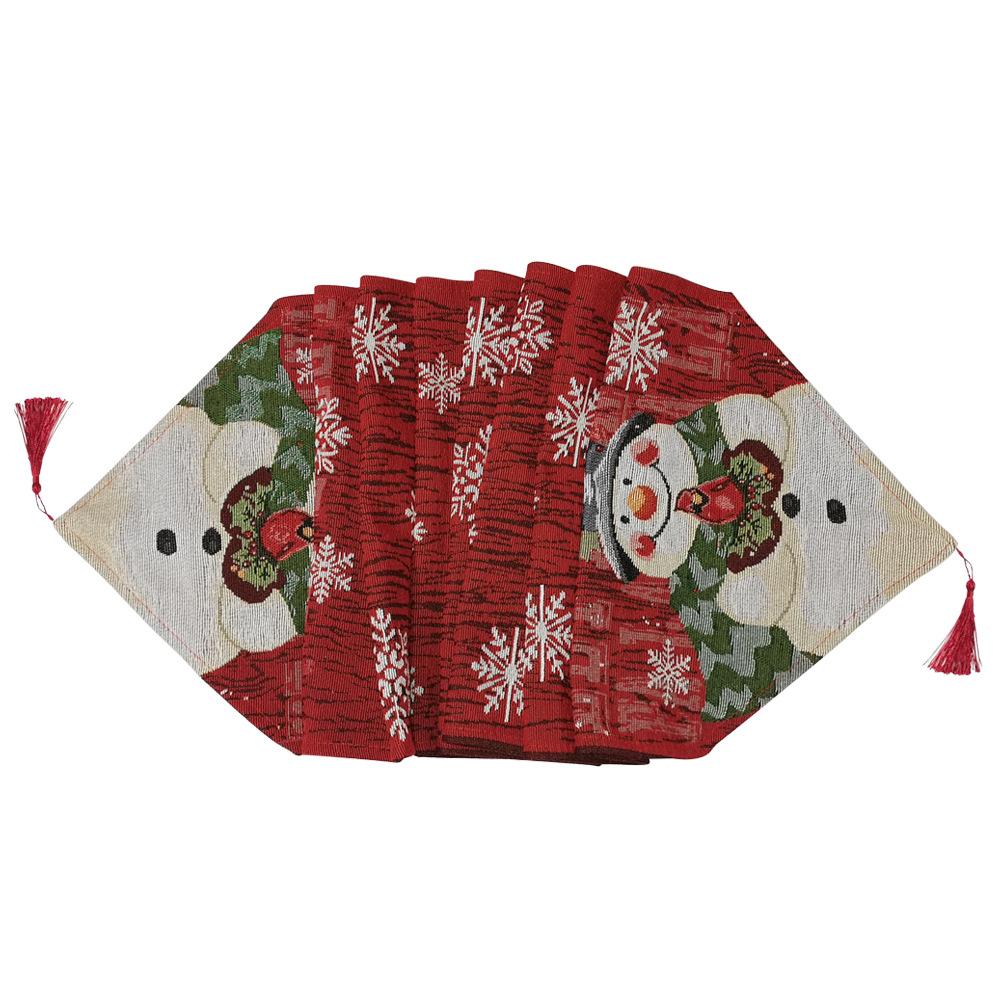 Woven Christmas table runner with a snowman at the point, snowflakes and a tassel