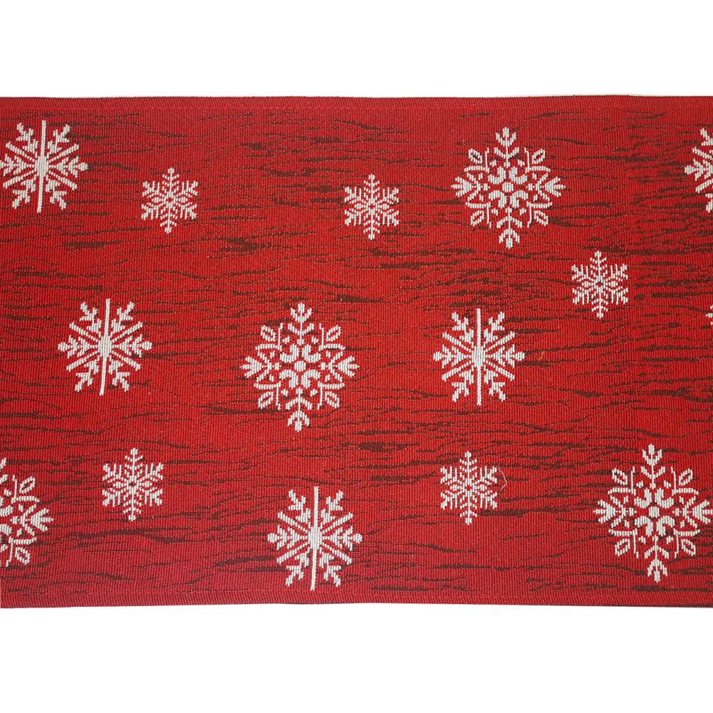 Woven Christmas table runner with a snowman at the point, snowflakes and a tassel
