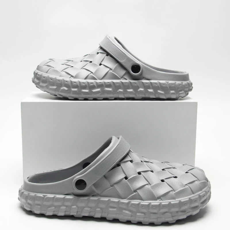 EVA clogs with a woven look, thick sole with chunky tread and swivel heel strap - view 2