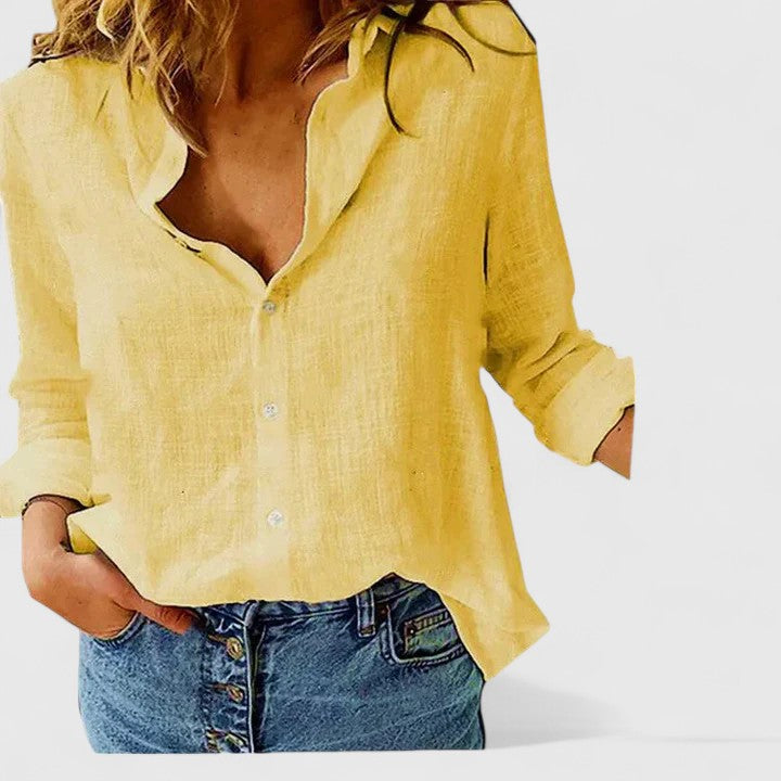 Women's Top - Linen Button Down Shirt with Lapel Collar in Pink