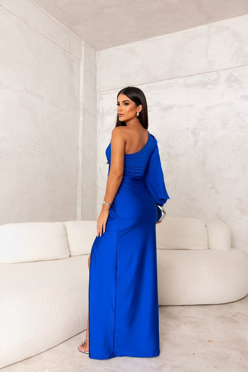 Women's One-Shoulder Satin Midi Dress – Side Split Event – full length view