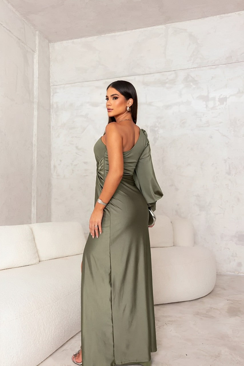 Women's One-Shoulder Satin Midi Dress – Side Split Event – product view