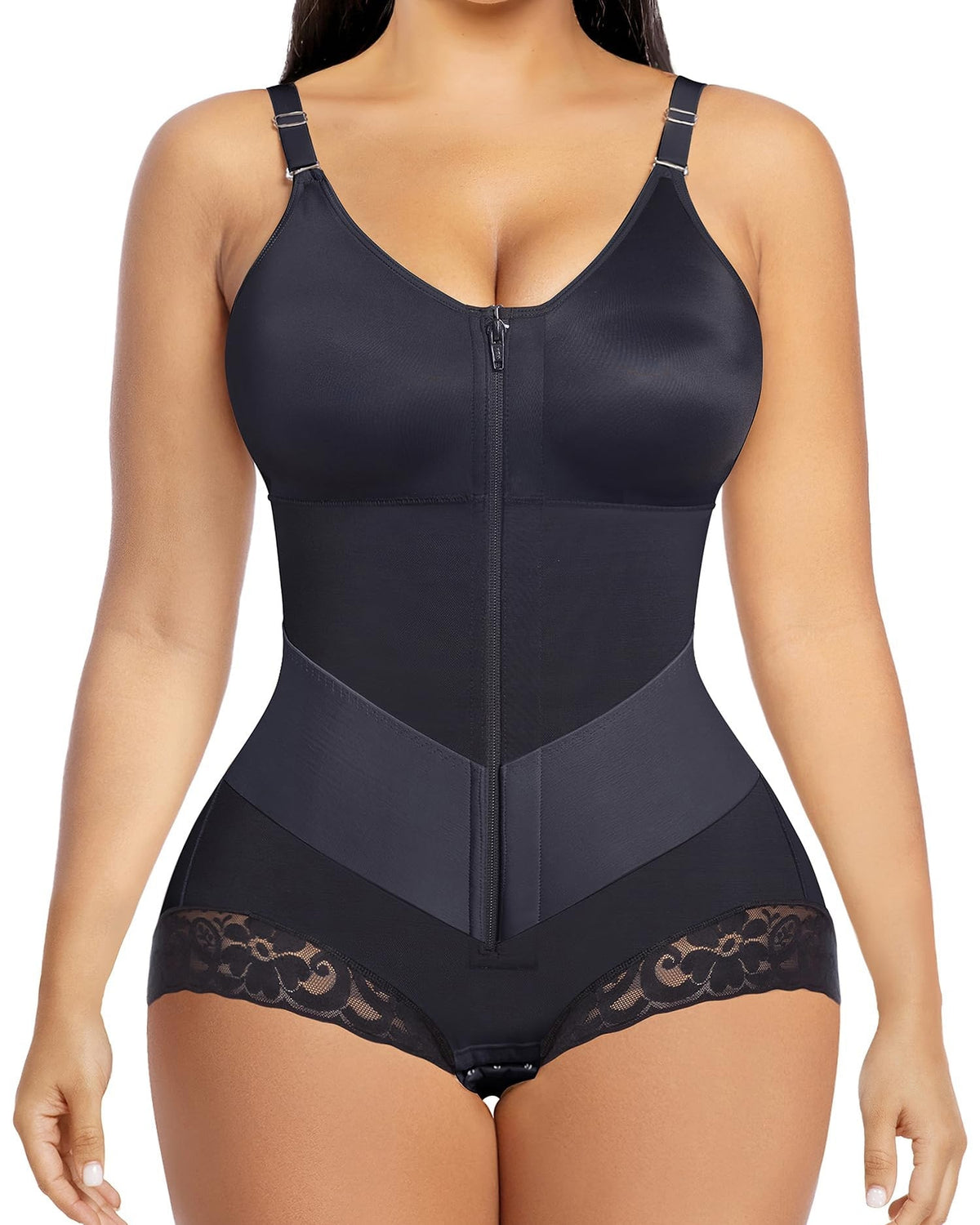Zip-front shapewear bodysuit with a V-neck and lace-trimmed legs - black