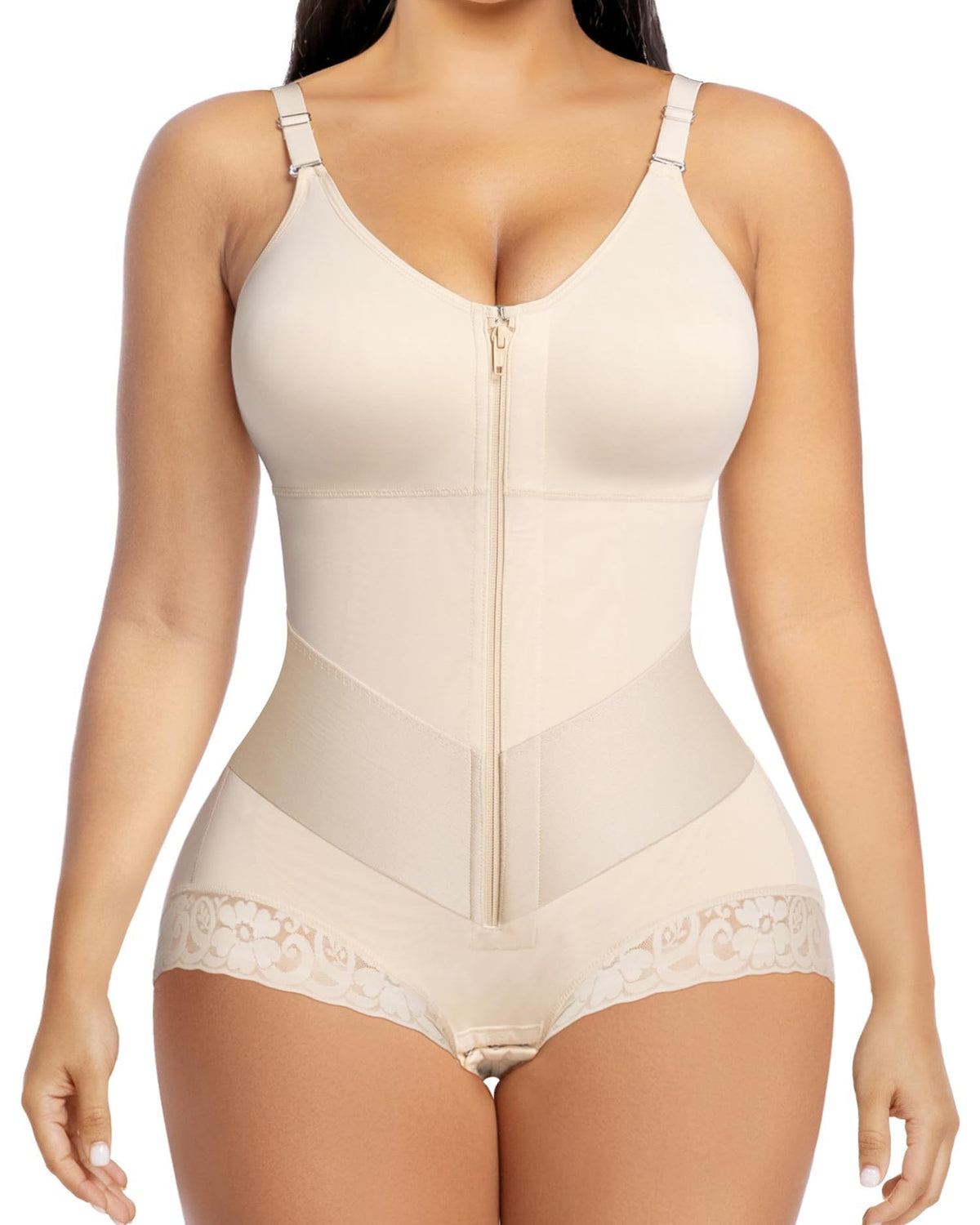 Zip-front shapewear bodysuit with a V-neck and lace-trimmed legs - nude