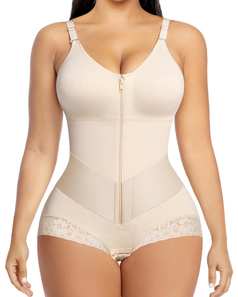 Zip-front shapewear bodysuit with a V-neck and lace-trimmed legs - nude