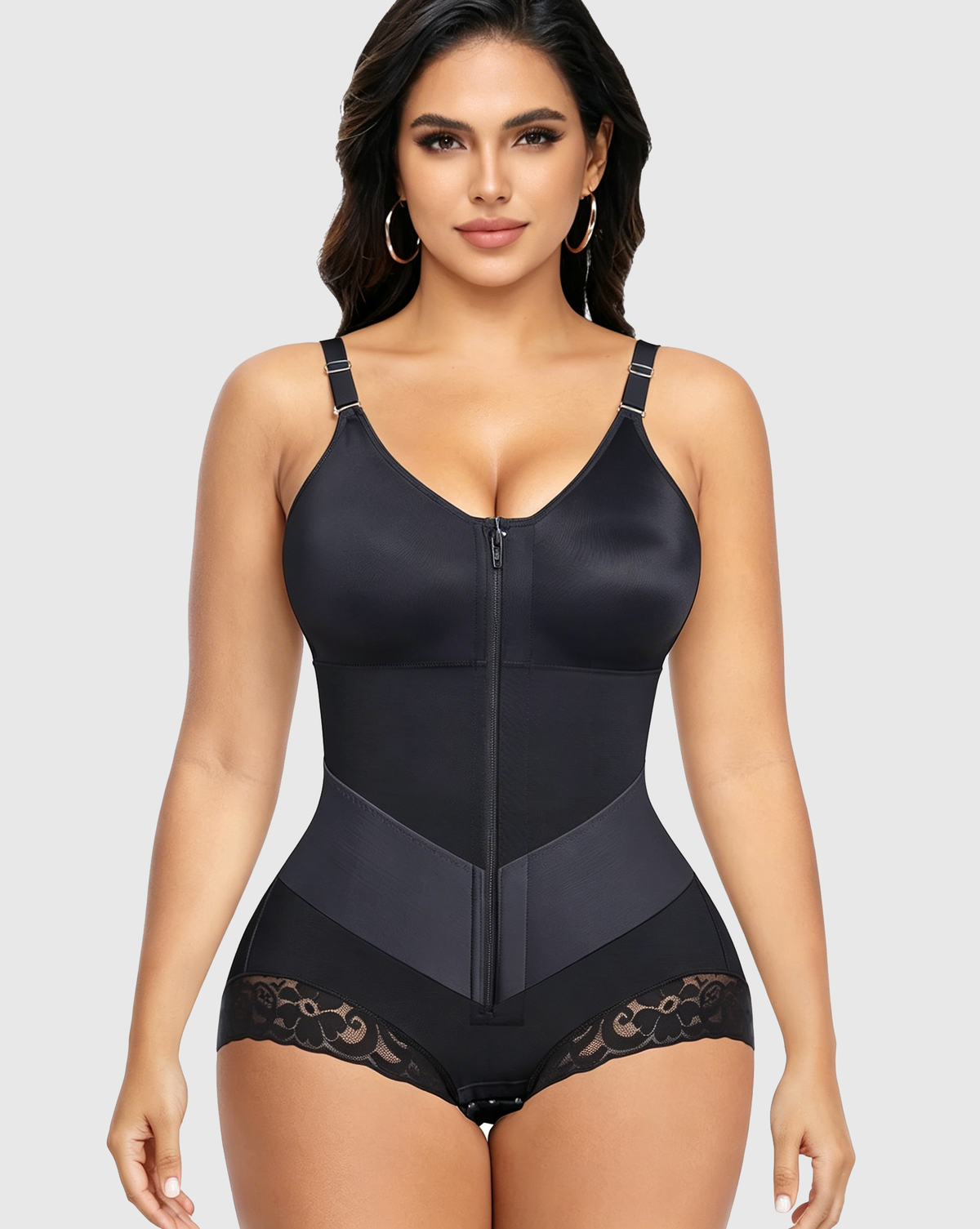 Zip-front shapewear bodysuit with a V-neck and lace-trimmed legs